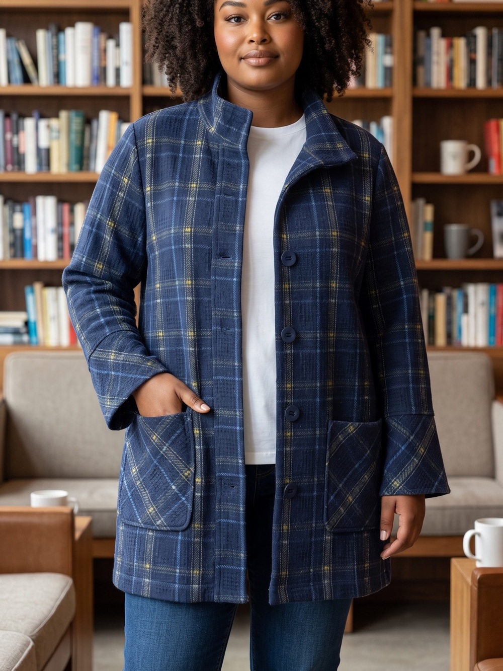 HABITAT speckle knit plaid car coat blue green Large